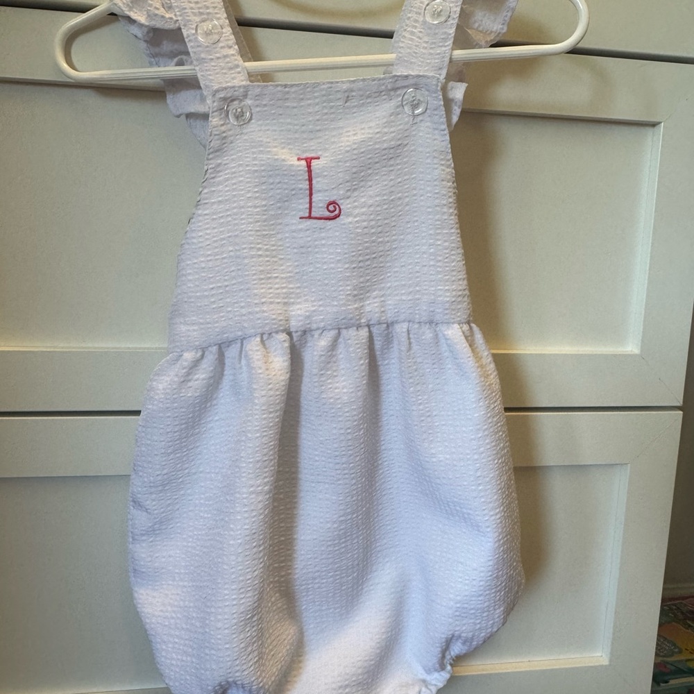 White Seersucker Romper with Pink “L” Monogram